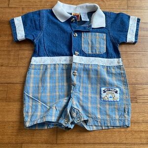 Vtg 90s Baby Buddy Boys Denim Plaid Romper 18M Giraffe retro Safari cottagecore